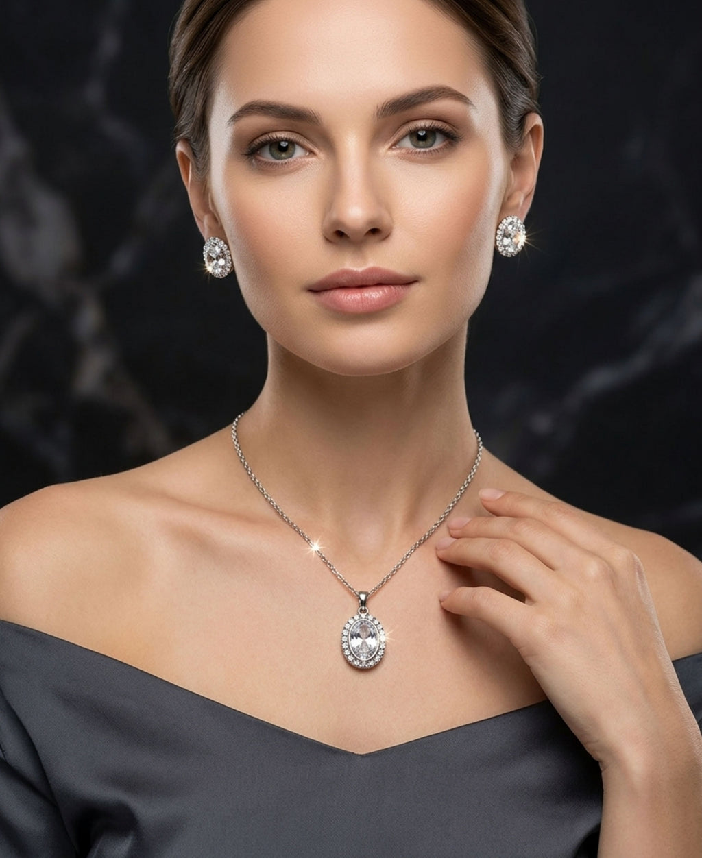 SS OVAL ZIRCON NECKLACE SET