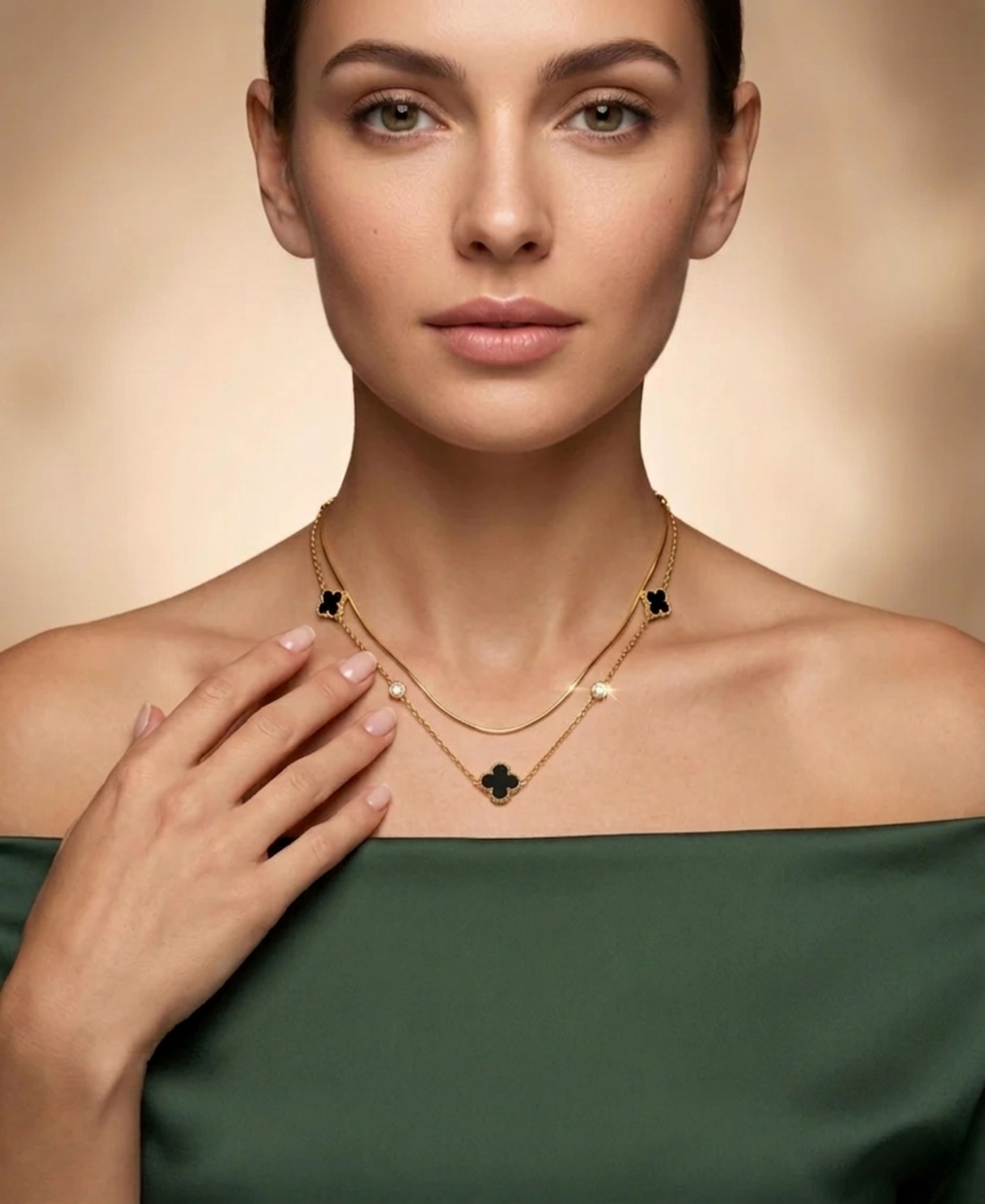 SS DOUBLE CHAIN BLACK FLOWER NECKLACE
