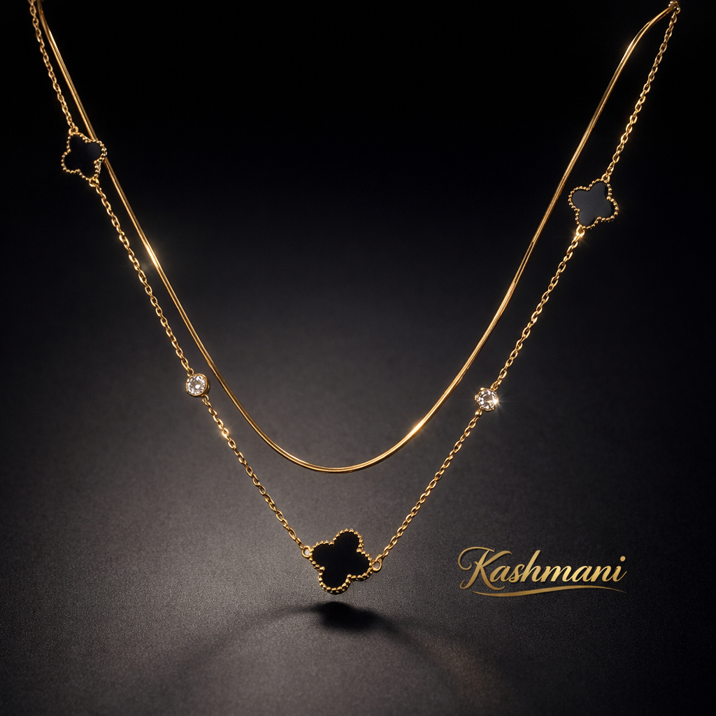 SS DOUBLE CHAIN BLACK FLOWER NECKLACE